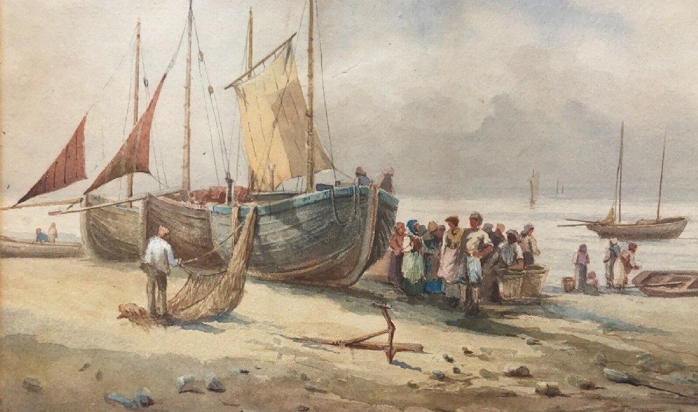 Original 19th Century English Antique Watercolour Painting 'Landing the Fish' Seascape with Figures