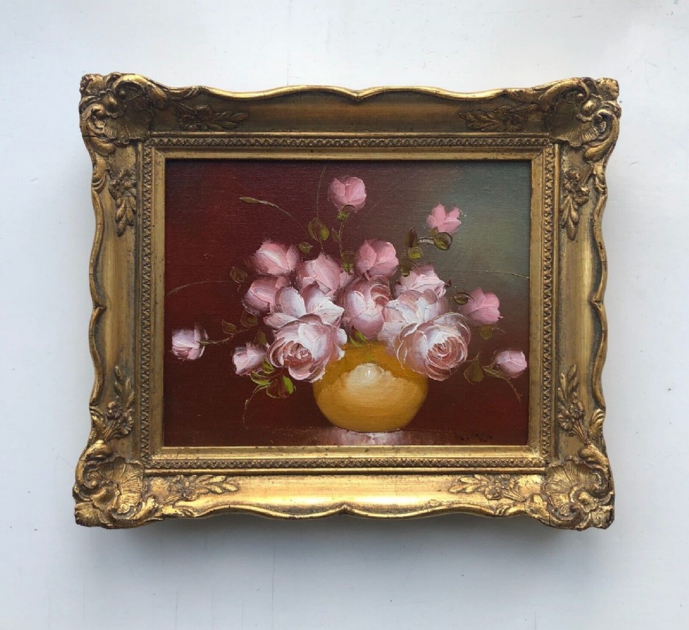 Indistinctly Signed Mid 20th Century Oil Painting on Canvas attached to Board Still Life Study of Pink Roses in a Yellow Bowl