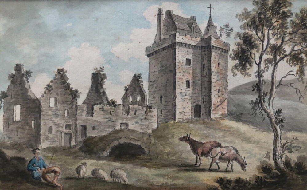 Attributed to William Bielby 18th Century Original Antique Watercolour Painting Cattle & Sheep with Shepherd in a Ruined Scottish Landscape