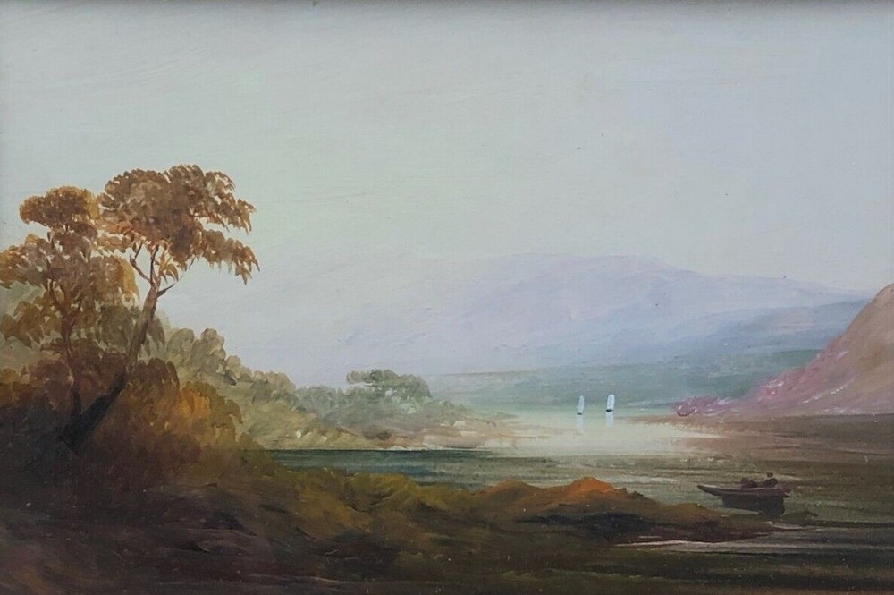 Original Antique Landscape Oil Painting on Card Castle & Boat Lake Landscape 2