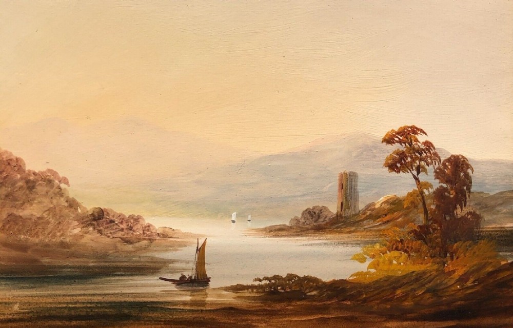 Original early 20th century Antique Oil Painting on Card Castle & Boat in a Lake Scottish Landscape