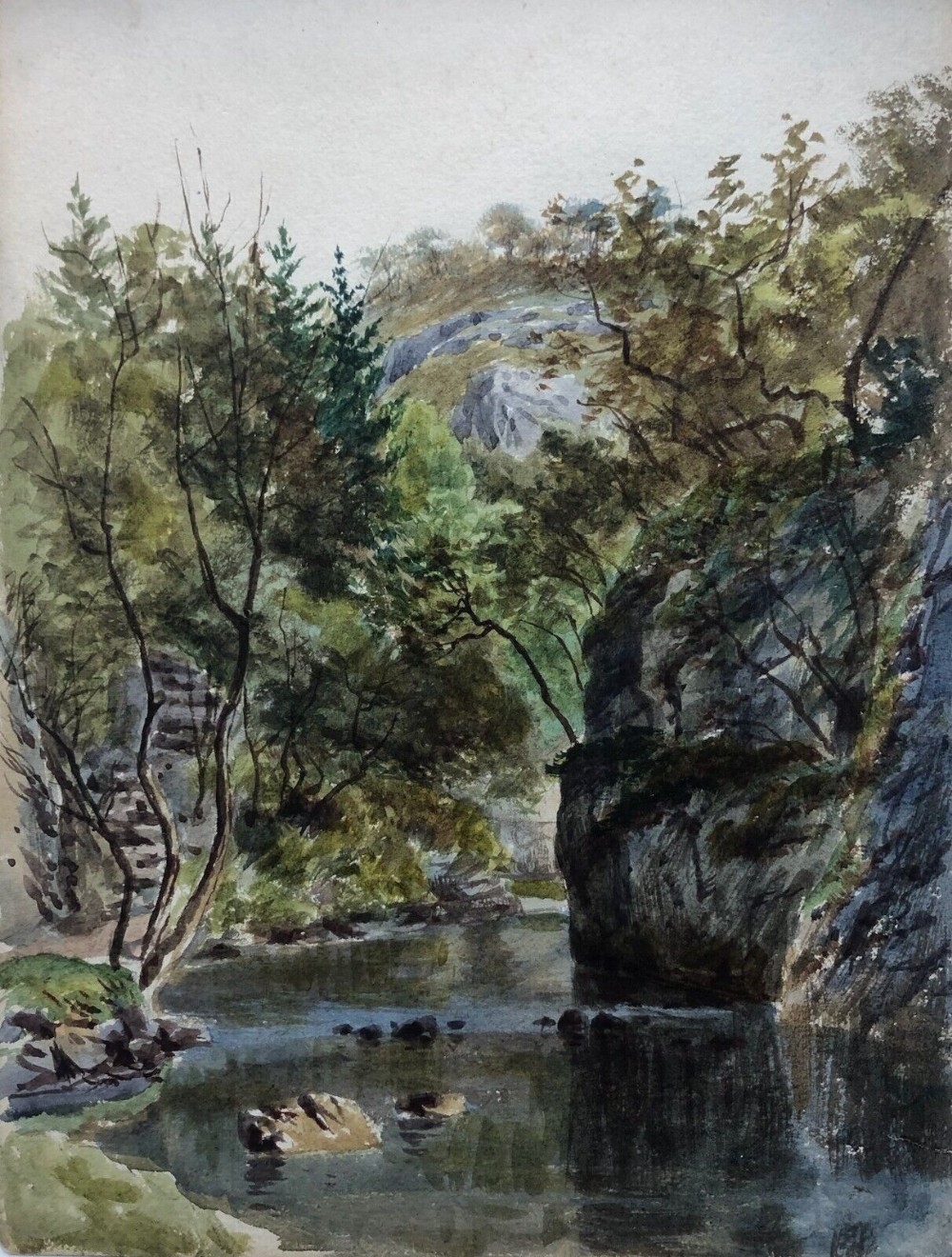 Attributed to Thomas Dudley Original 19th Century Antique Watercolour Painting Yorkshire River Landscape