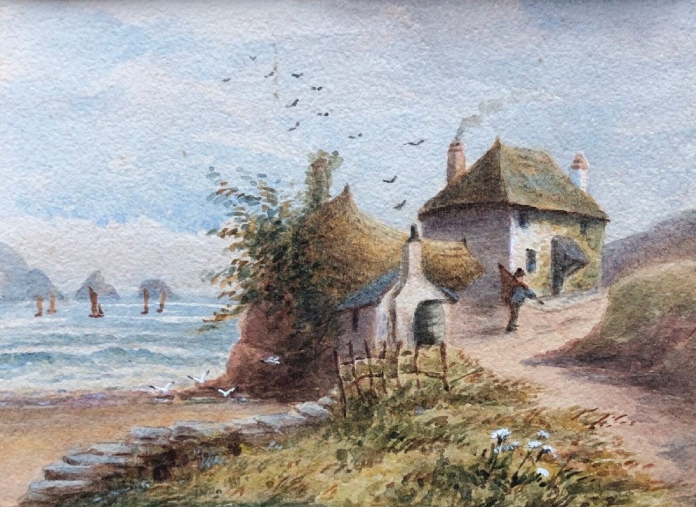 Original Antique Watercolour Painting Cornish Coast & Cottage Landscape No.2 English Coastal Landscape