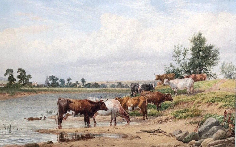 James Walsham Baldock Signed 1880 Original 19th Century Antique Watercolour Painting Cattle Watering in River Trent Notts near Barton English Landscape