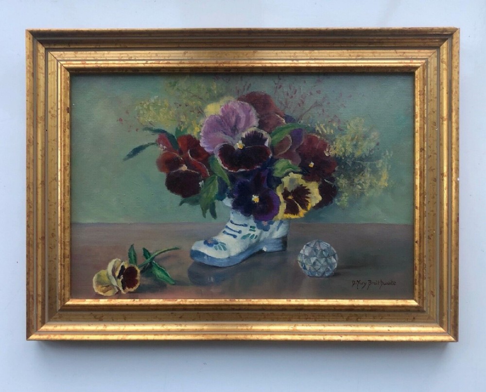 Original Signed Mid 20th Century Oil Painting on Board of Flowers, Still Life Study of Pansies