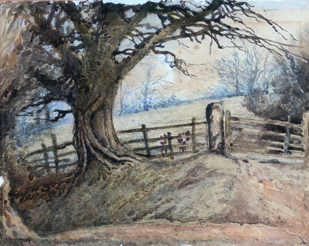 Indistinctly Signed & Dated 1904 Original Antique Watercolour Painting Cattle by a Fence in a Tree Landscape