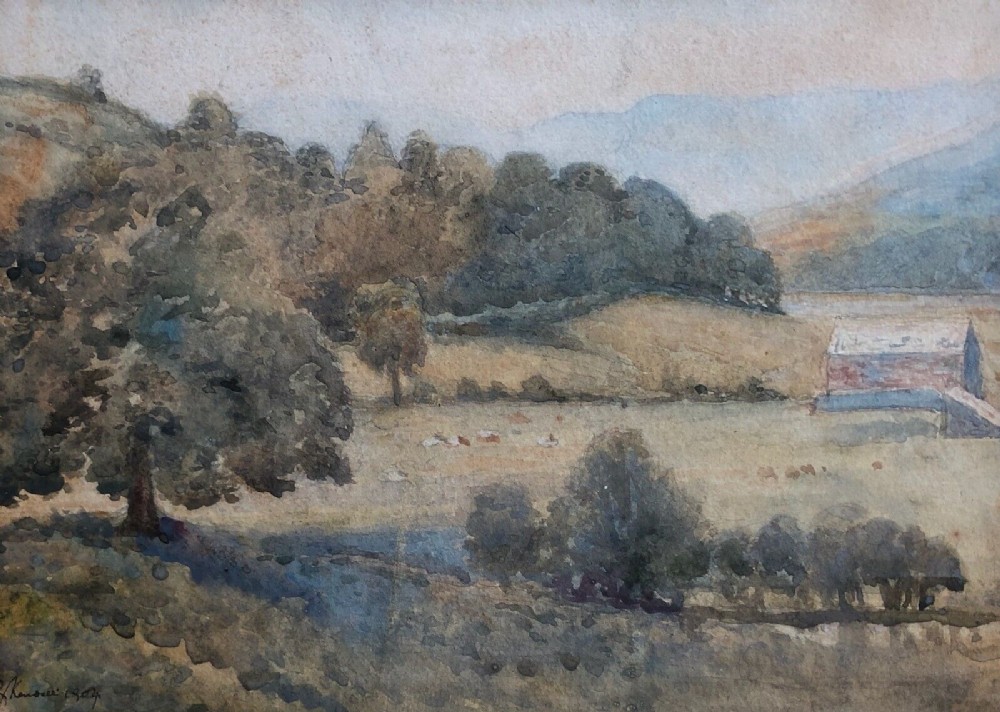 Indistinctly Signed and Dated 1904 Original early 20th Century Antique Watercolour Painting Distant Cattle Tree Landscape