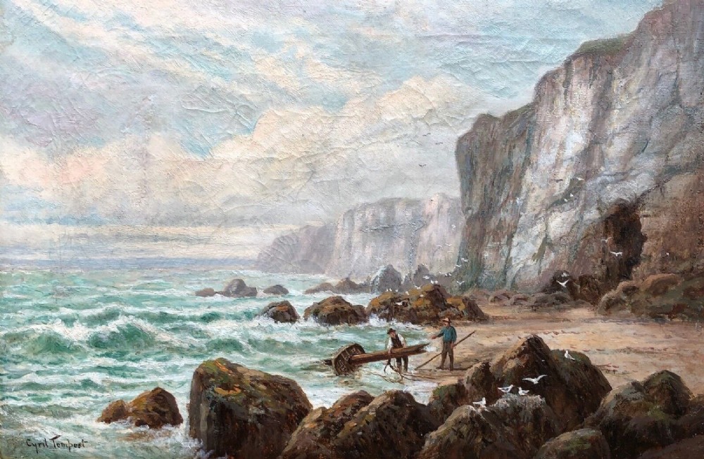 Cyril Tempest Signed Original 19th Century English Antique Oil Painting on Canvas Yorkshire Figures & Coast Seascape Landscape