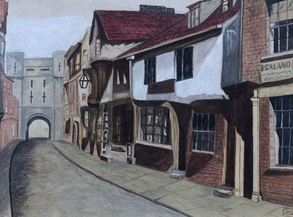 Original Signed Antique Watercolour study of High Petergate and Bootham Bar, York, Yorkshire Street Landscape