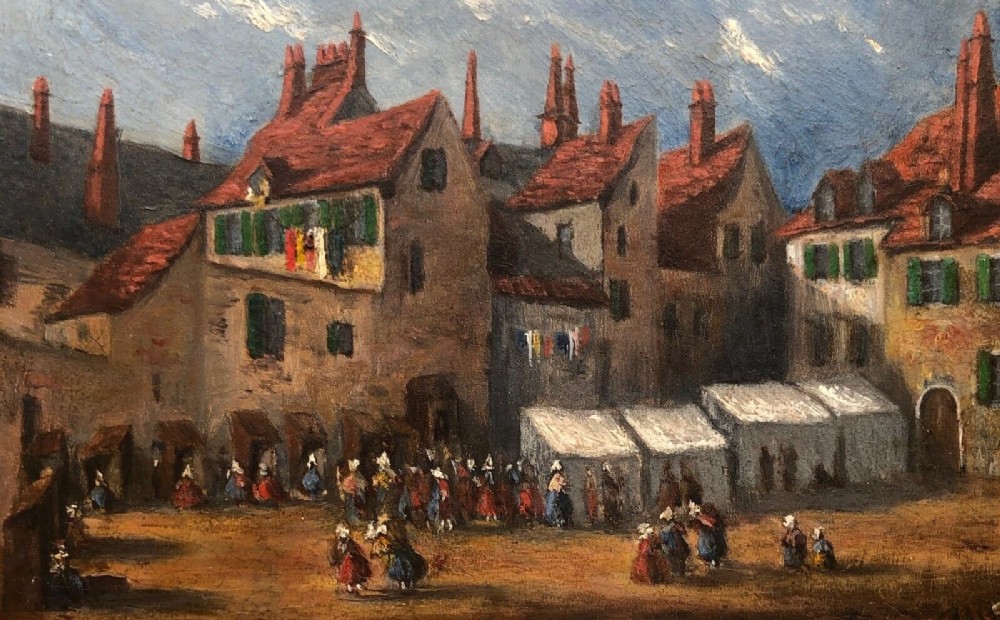 Original 19th Century Antique Oil Painting Possibly Dutch Figures in a Town Square Indistinctly Initalled