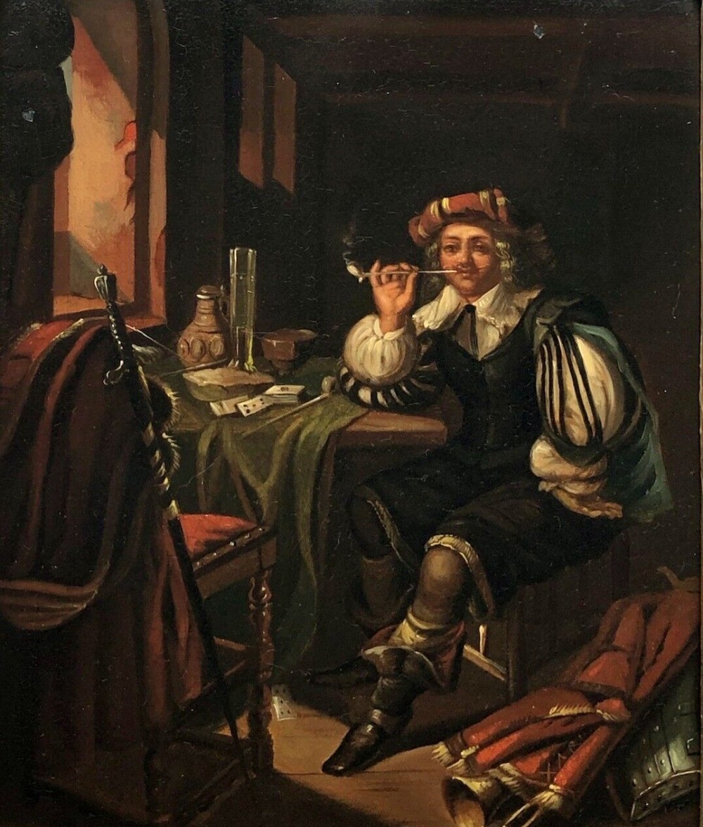Manner of Franz van Mieris Antique Original Oil Painting on Metal Panel Portrait of a Dutch Gentleman Smoking by a Window