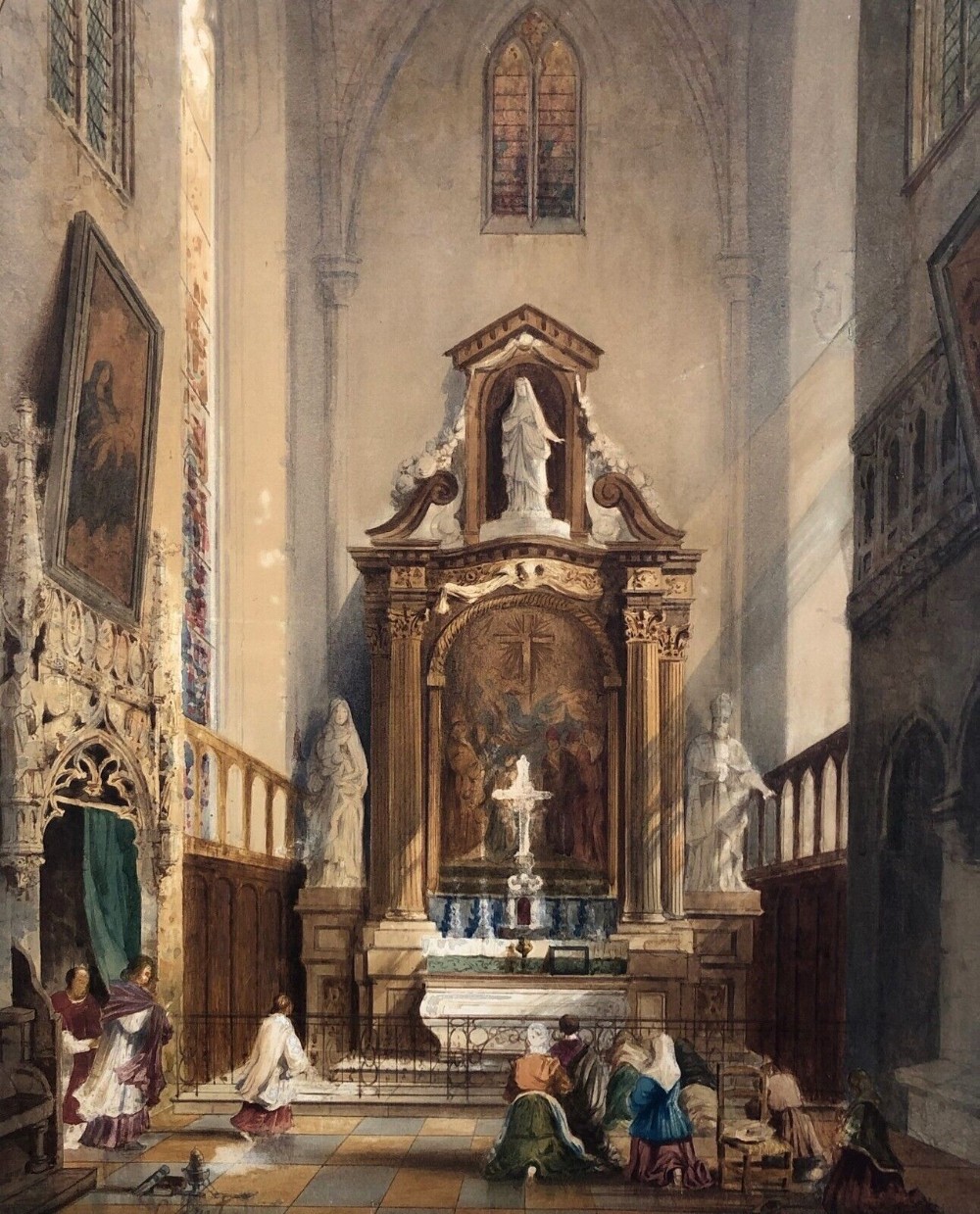 Indistinctly Signed 1877 Original 19th Century Large Antique Watercolour Painting Cathedral Interior Architectural Study