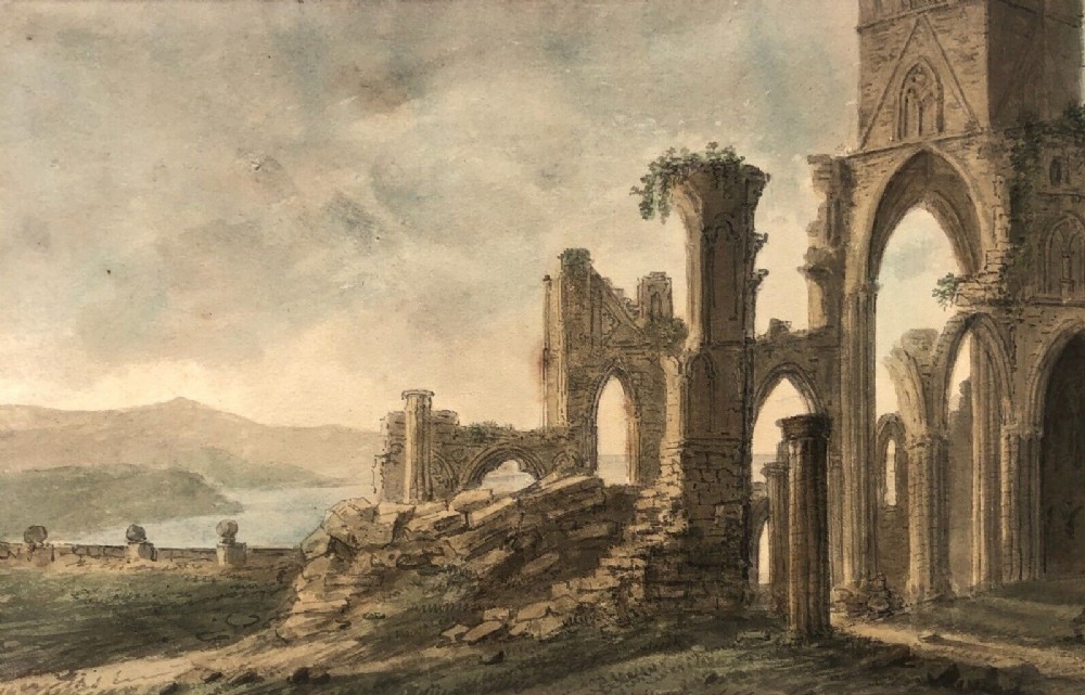 Original 18th Antique Watercolour Painting Whitby Coastline Landscape View from the Abbey Ruin