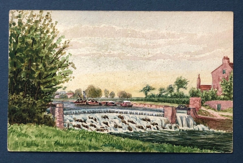 Original Antique Watercolour Landscape Painting on a Postcard by a Billeted Serviceman WW1 Period A View of Naburn Lock Yorkshire Landscape