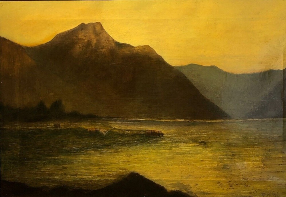 Circle Alfred de Breanski, Sr Original Antique Oil Painting on Canvas Highland Landscape with Cattle
