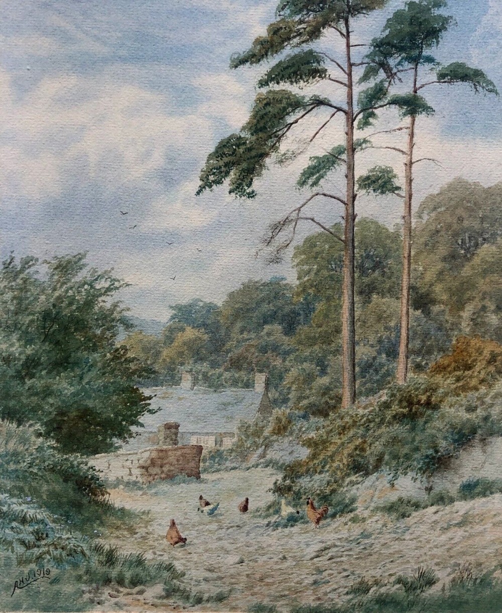 Signed with Monogram Original 1919 Watercolour Painting Cottages near Whatstandwell Derbyshire Landscape