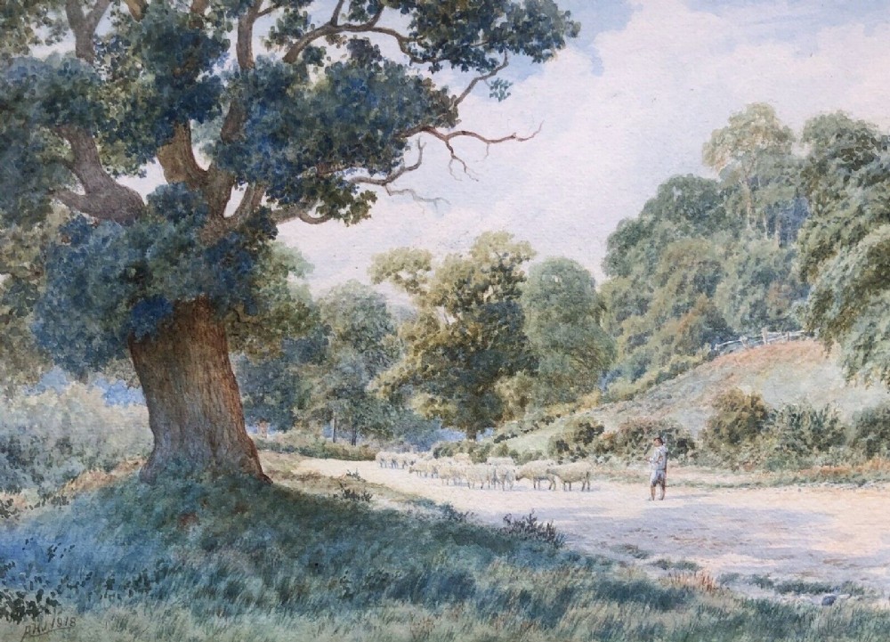 Monogram Signed Original 1918 Watercolour Painting Derbyshire Rural Landscape Sheep on a Lane