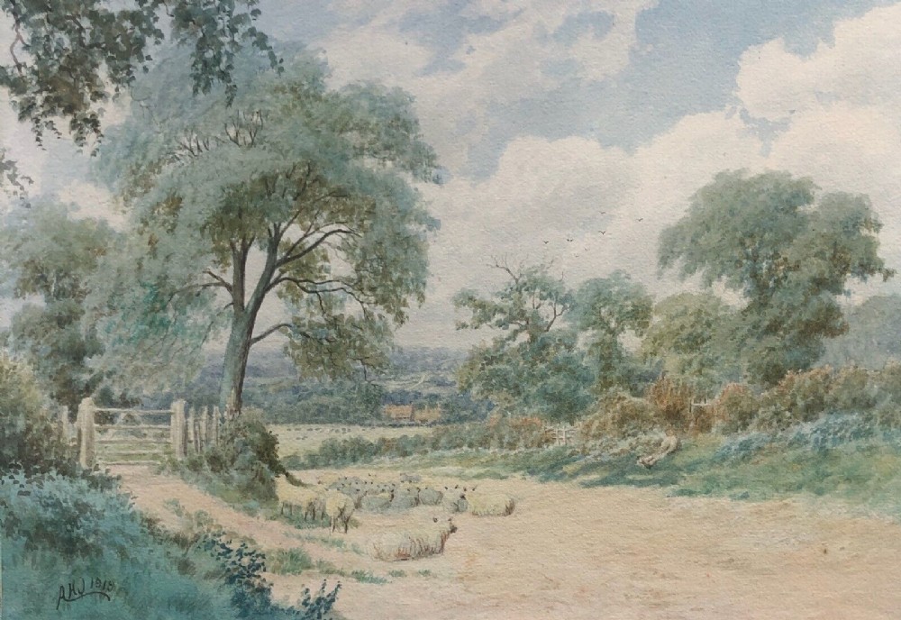 Monogram Signed Original 1919 Watercolour Painting Sheep & Cottages Derbyshire Landscape