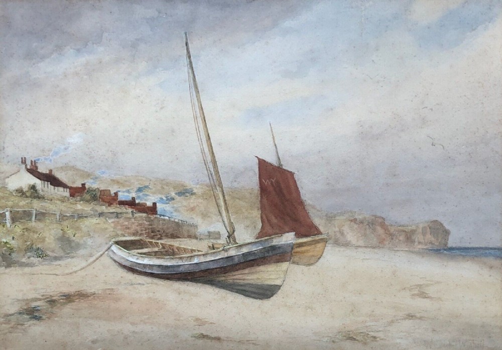 Indistinctly Signed dated 1894 Original English Antique Watercolour Painting Sands End Whitby Yorkshire Beach Seascape