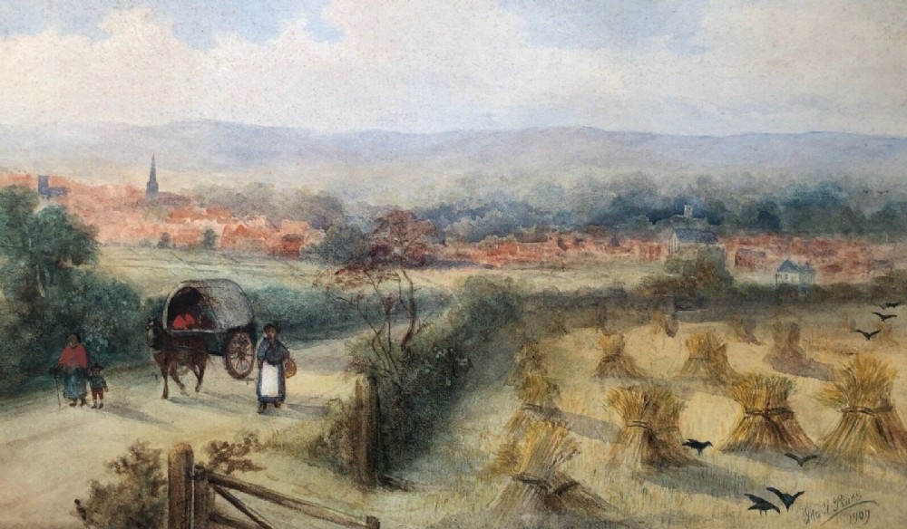 1909 Signed Early 20th Century Antique Original Watercolour Painting Cart on road & Field of Haystacks English Landscape