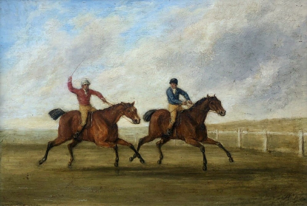 Indistinctly Signed Original early 19th Century Antique Oil Painting on Wood Panel, Horse Racing Landscape