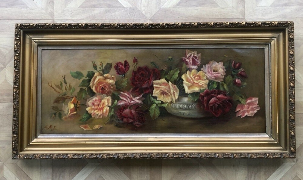 Original Late 19th Century Antique Oil Painting on Canvas Still life Roses in a Bowl Initialed AMS