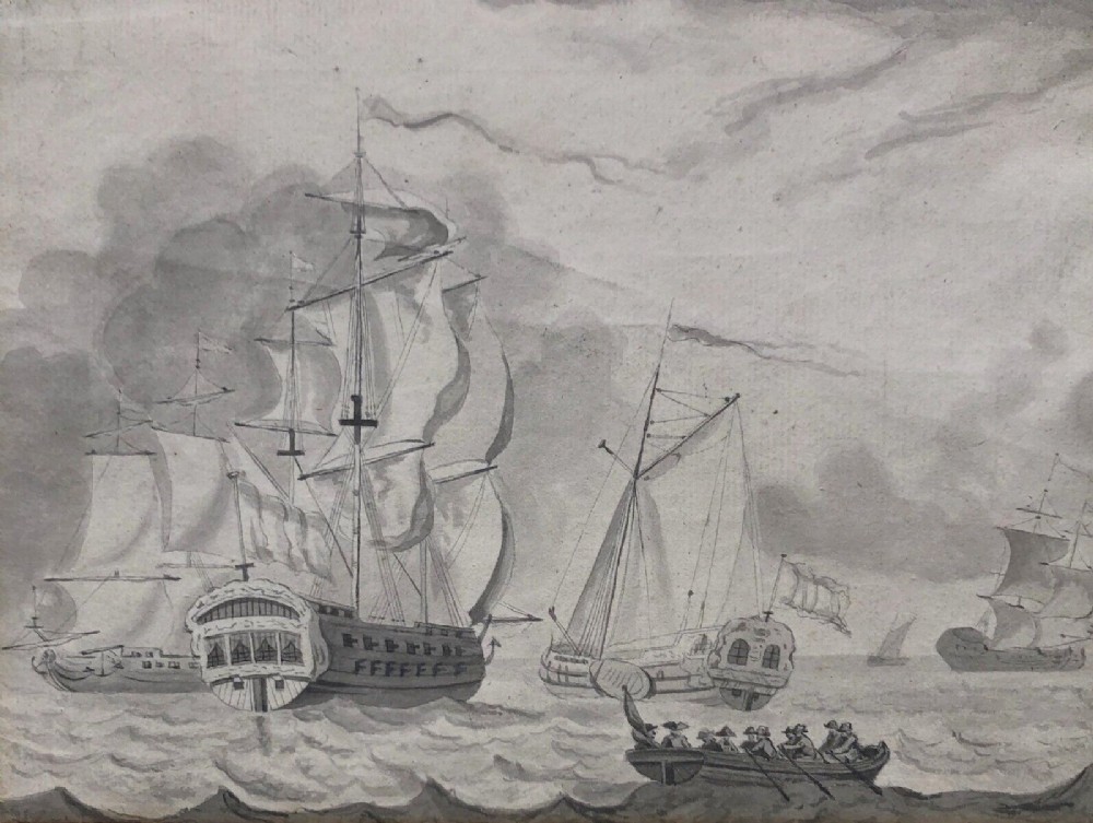 Manner of Francis Swaine Original 18th Century Antique Grisaille Watercolour Painting Historic Naval Seascape with Ships & Rowing Boats