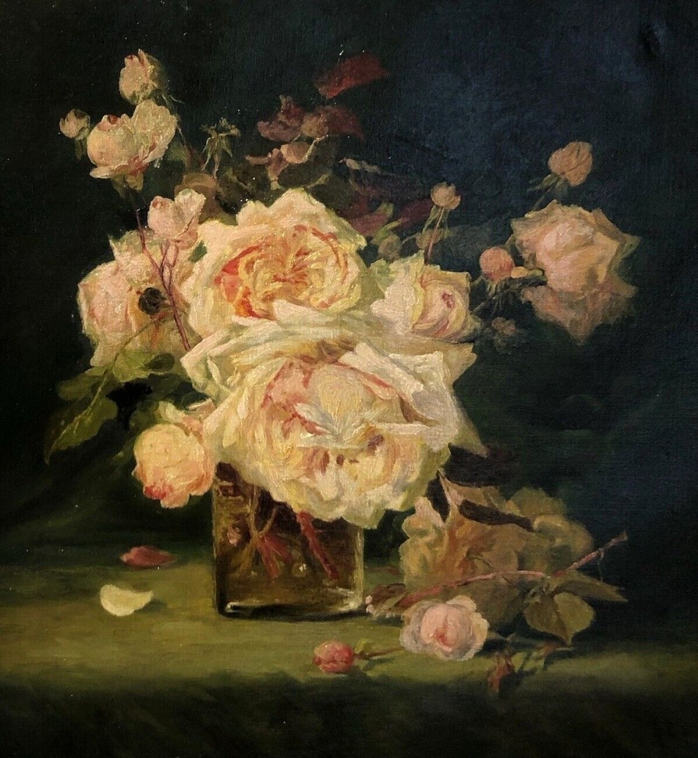 19th Roses Original 19th Century Antique Oil Painting On Canvas Still Life Of Pale ...