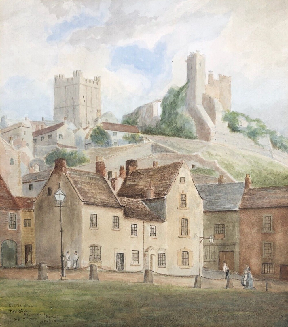 Original Antique Watercolour Painting Signed Tho. Geo. Hall 1899 Richmond Castle View from the Green Historic Yorkshire Landscape