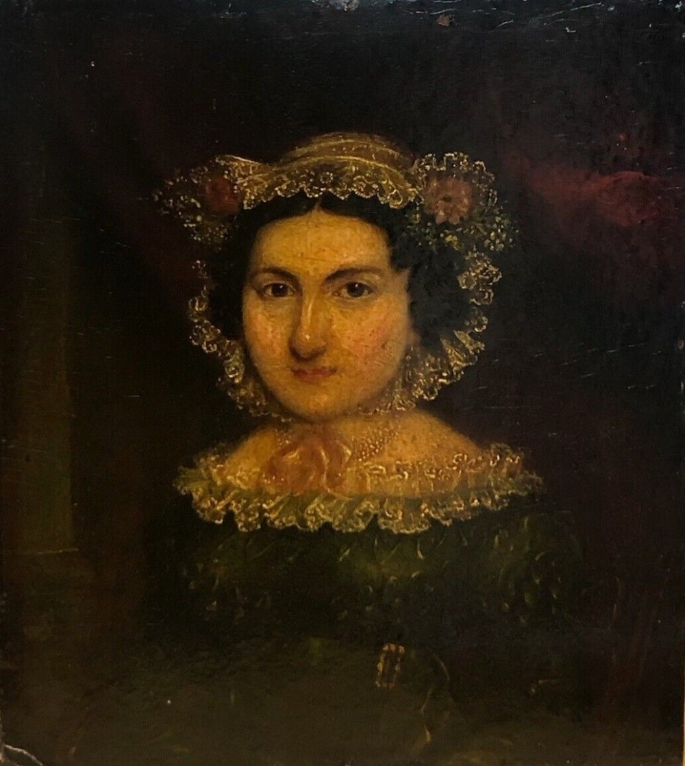 Original British School Late 18th Century Antique Oil Painting on Board Portrait of a Lady with a lace Collar & Cap