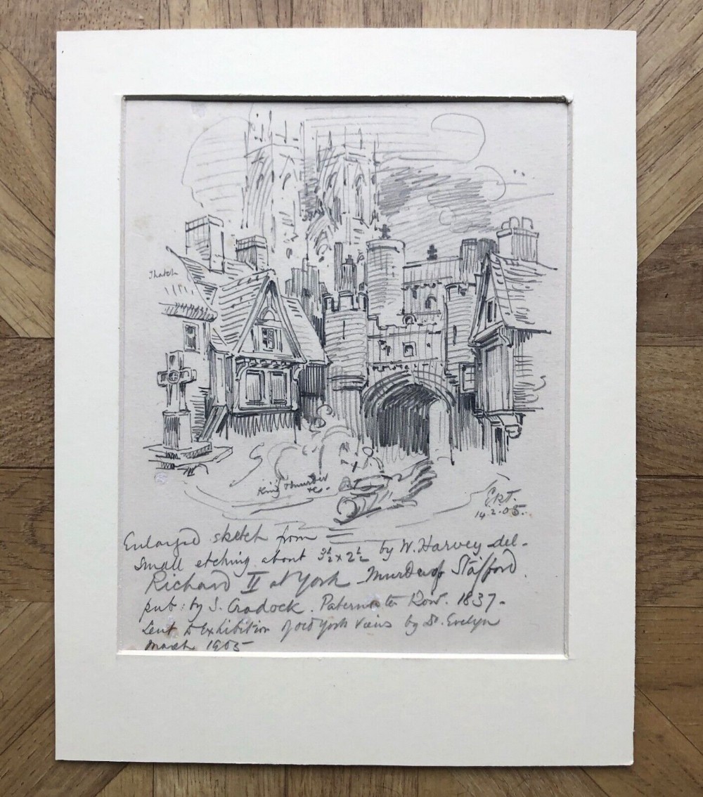 E Ridsdale Tate 1905 Original early 20th Century Antique Artists Pencil Sketch York Bootham Bar & Minster View with Notes