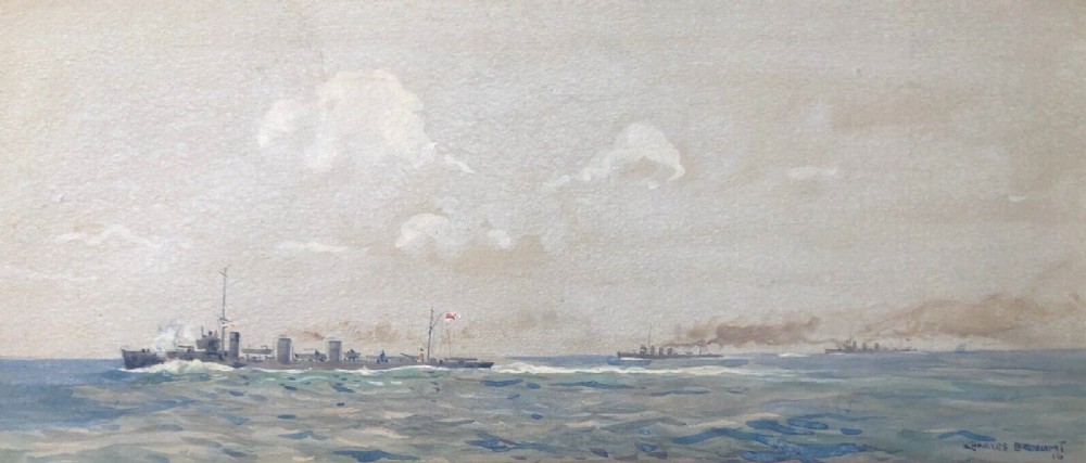 Charles Bryant (Australian) Signed WWI Naval Convoy Original 1916 Antique Seascape Watercolour Painting