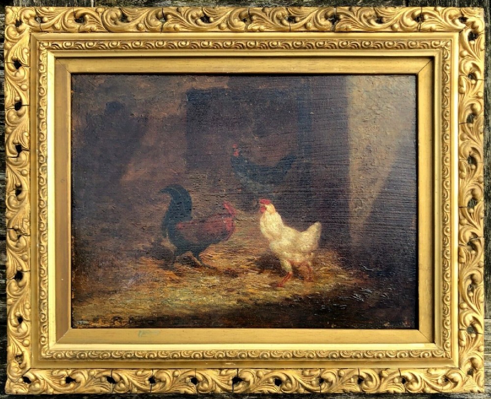 Paul Henry Schouten (Belgian 1860-1922) Original Antique Oil Painting Canvas laid onto Wood Panel Chickens in a Barn
