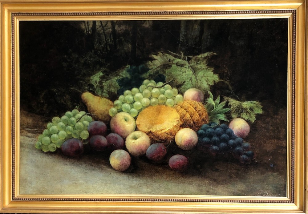 EVELYN CHESTER (1875-1929) Signed Original Early 20th Century Oil Painting on Canvas Fruit Still Life with Pineapple & Grapes