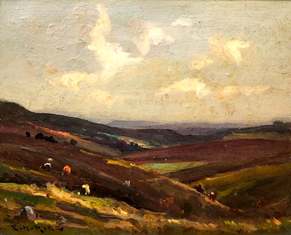 Ernest Higgins Rigg signed Late 19th/Early 20th Century Antique Oil Painting on Board Sunlight on the Yorkshire Moors English Landscape