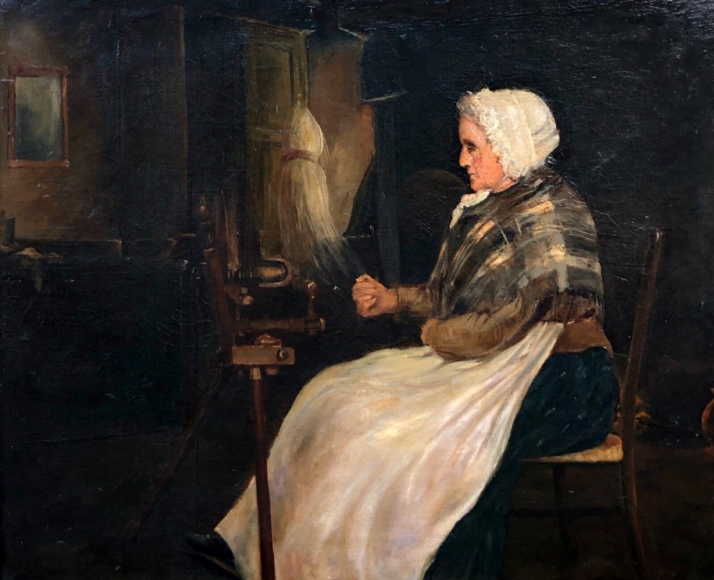 Circle of Henry John Dobson Scottish School Antique Late 19th Century Oil Painting on Canvas, A Lady Wearing a Plaid Shawl Sitting at a Spinning Wheel