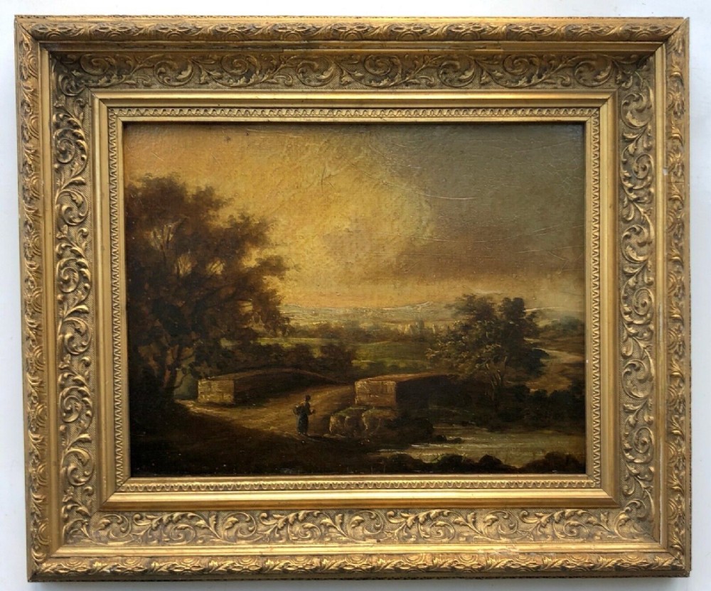 Indistinctly Signed19th Century Antique Oil Painting on Board English Rural Landscape, Figure Standing by a Bridge