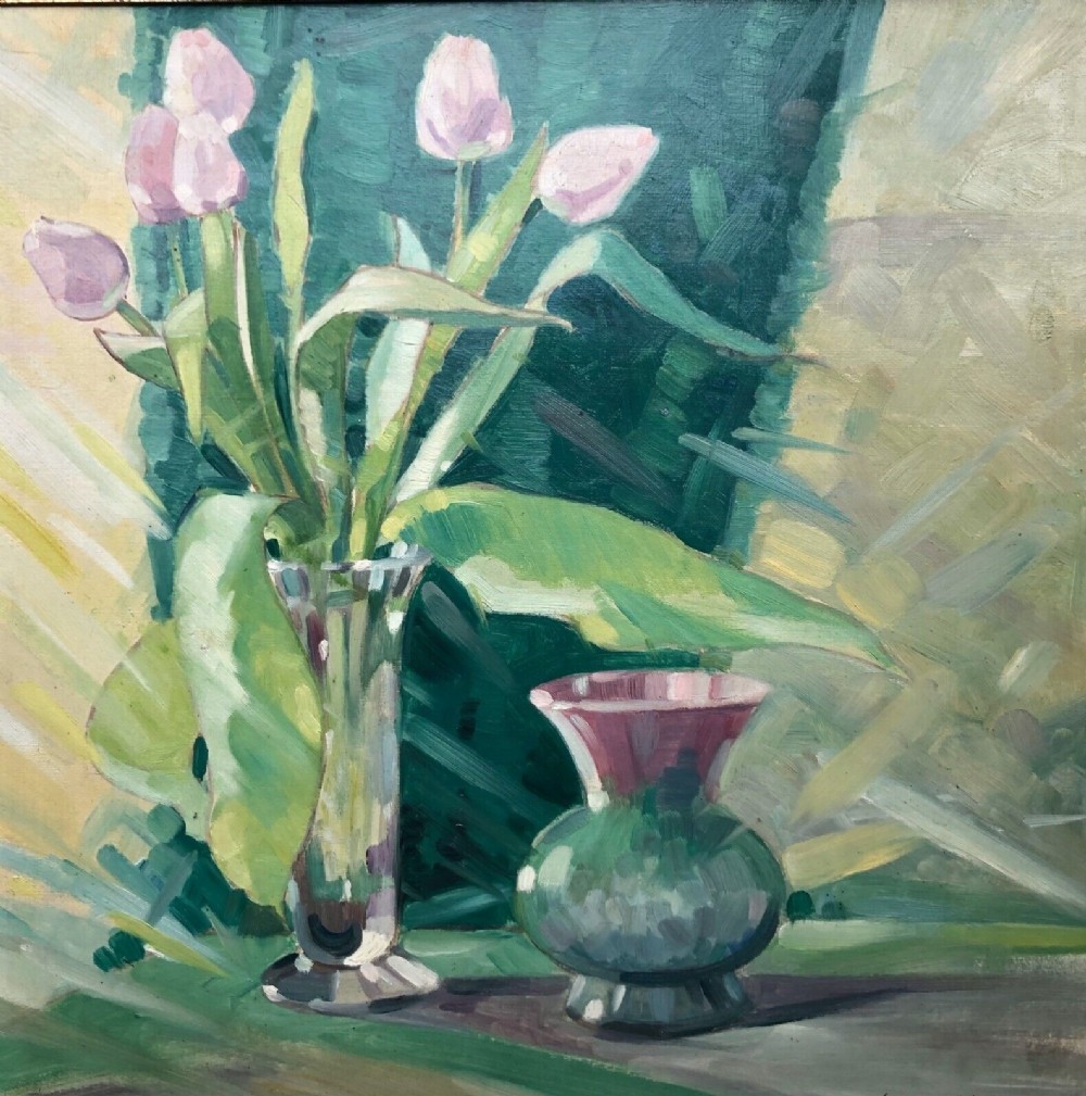 W E Littlewood 1934 Signed Original Antique Oil Painting on Board Floral Still Life Study of Pink Tulips in a Vase