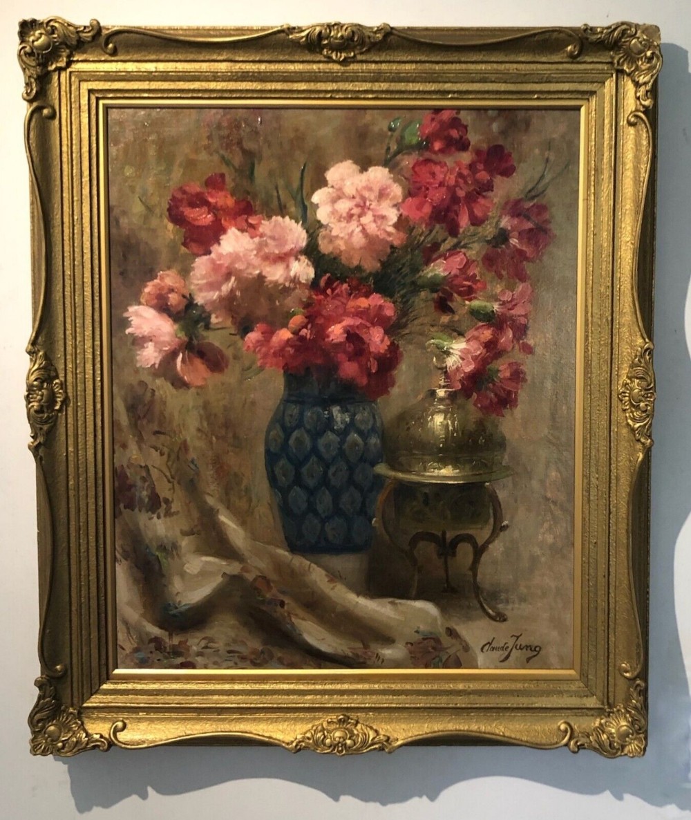 Original Signed Early to Mid 20th Century Oil Painting on Board Floral Still Life Study of Carnation Flowers in a Blue Vase Presented in Decorative Gilt Frame