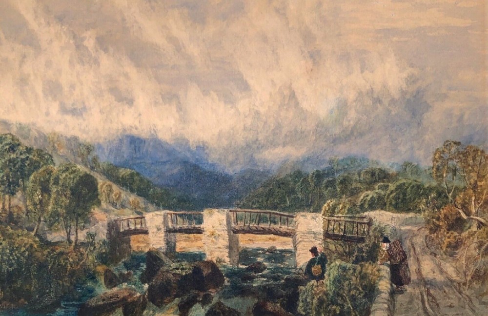 John Wright Oakes ARA Original mid 19th Century Antique Watercolour Painting Bridge at Betwys-y-Coed Wales Welsh Landscape