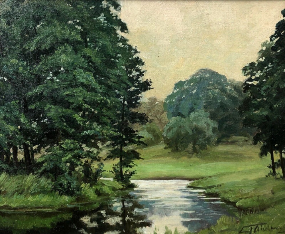 Erich Fleischman Signed Antique early 20th Century Oil Painting on Board Tree & River Landscape