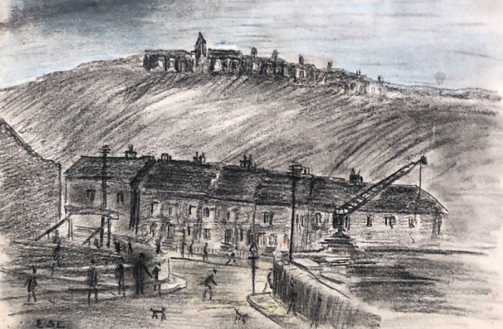 LS Lowry, Attributed & Signed 1934 Original Charcoal Sketch Drawing Huddersfield Houses Industrial Street Landscape