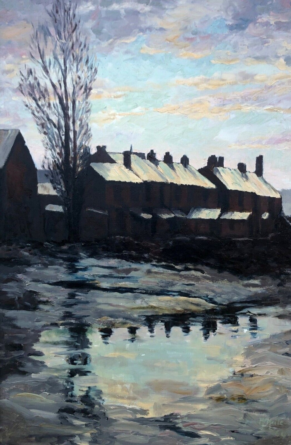 Indistinctly Signed and Dated 1964 Original Vintage Northern Art Oil Painting on Canvas Snow Covered Empty Buildings at Dusk Landscape
