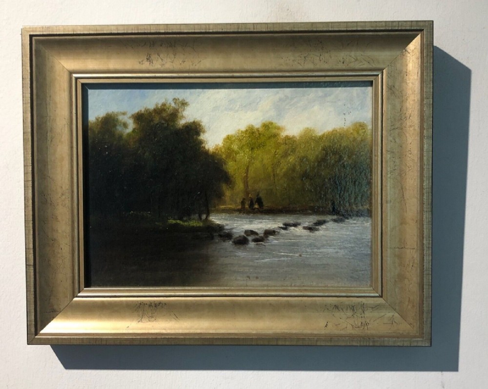Original Late 19th Century Antique English Oil Painting on Board River Stepping Stones Trees & Figures Landscape