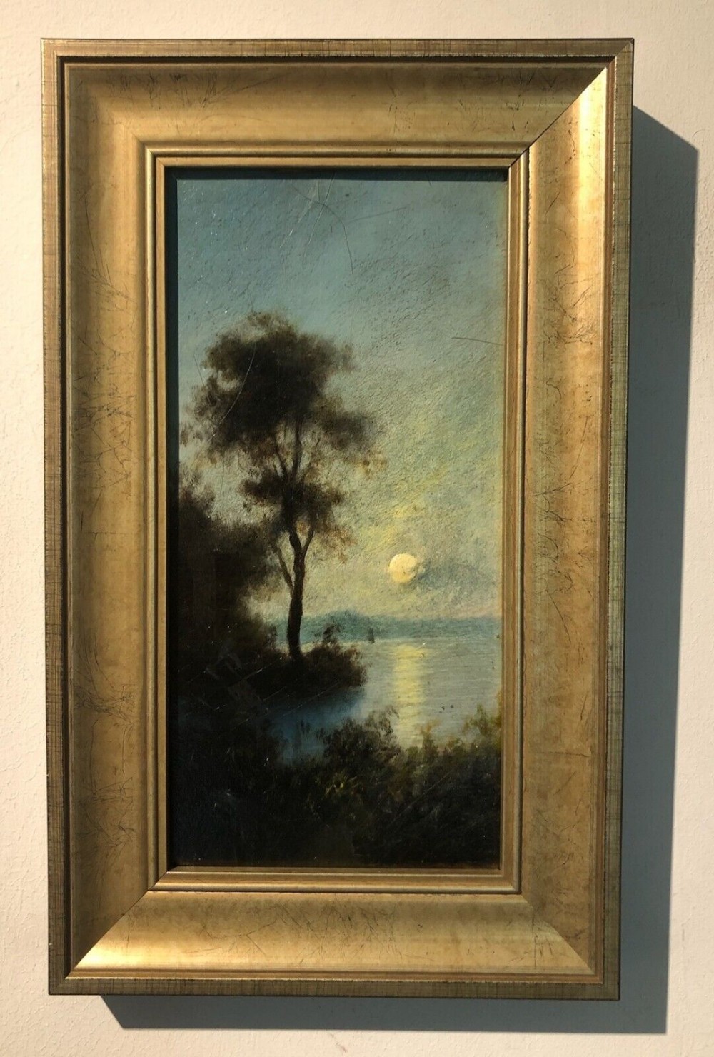 Original Late 19th Century Antique Oil Painting on Board Moonlight Lake & Tree Landscape