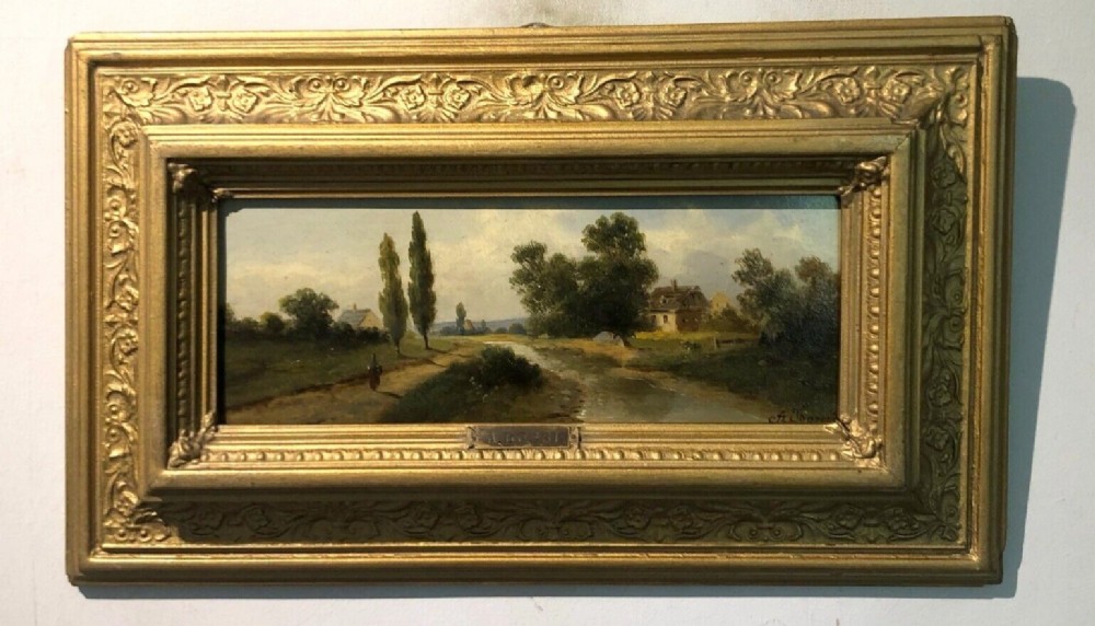 Original 19th Century Antique Oil Painting on Wood Panel Signed and Titled A Bossi, Female Figure by a River English Country Landscape