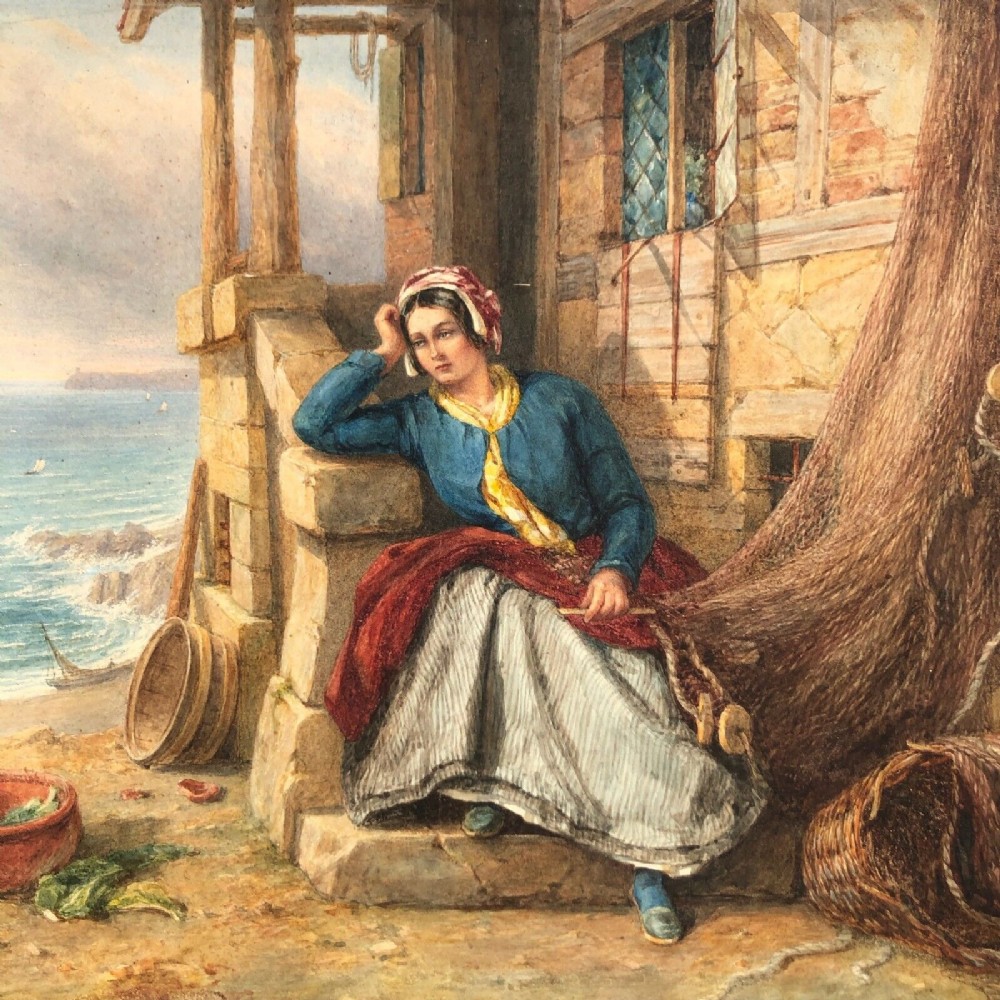 Fanny Blake 1863 Signed Original English Antique Watercolour Painting Portrait of Fisher Woman Mending the Nets