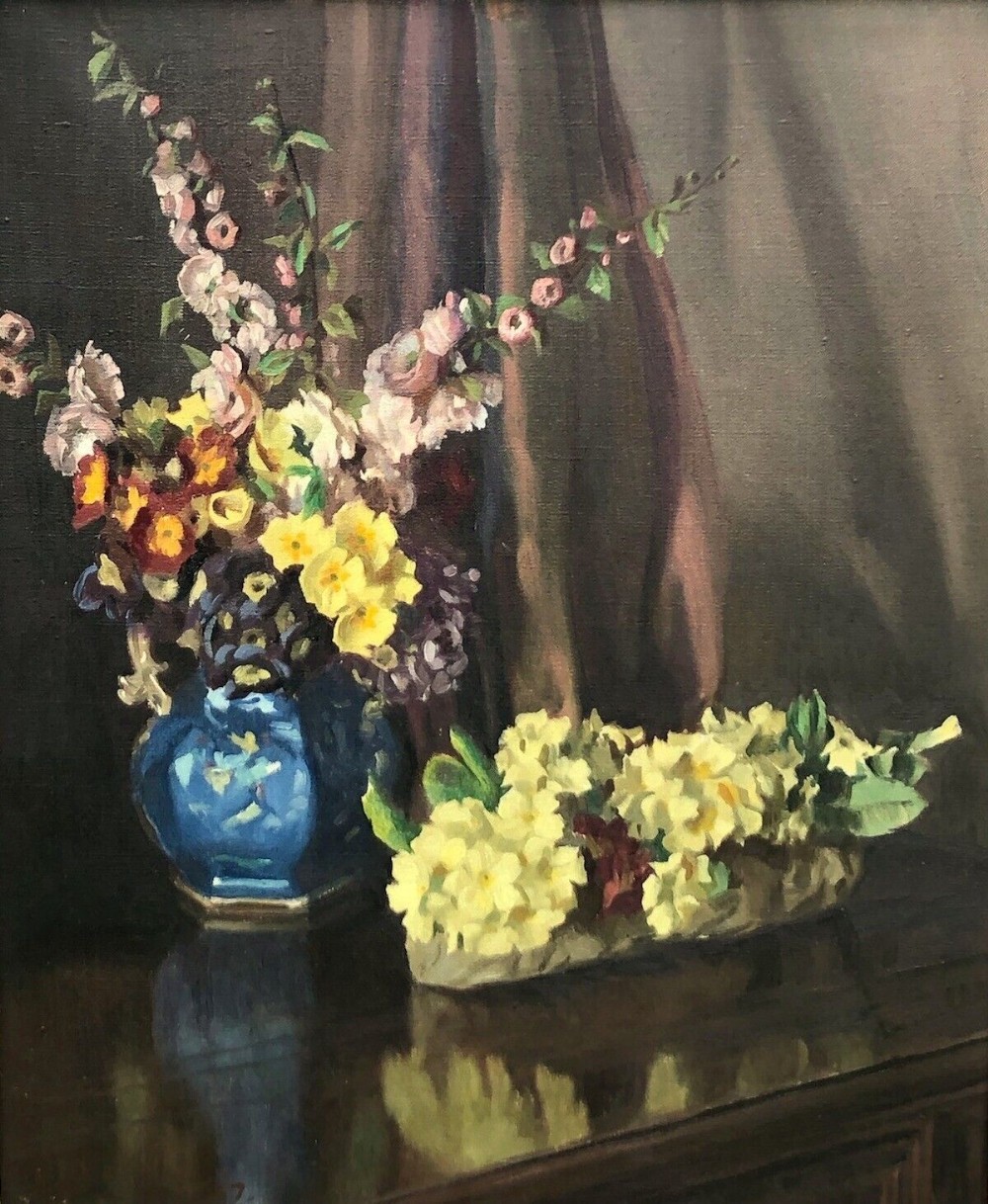 Thomas Sherlock Evans 1947 Signed Original English Vintage Oil Painting on Canvas Still Life Study of Flowers on a Polished Table