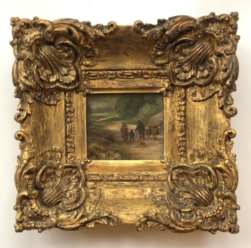 Intialled DCW Original Late 19th Century Antique Oil Painting on Wood Panel Travellers on a County Path in Glazed Period Frame