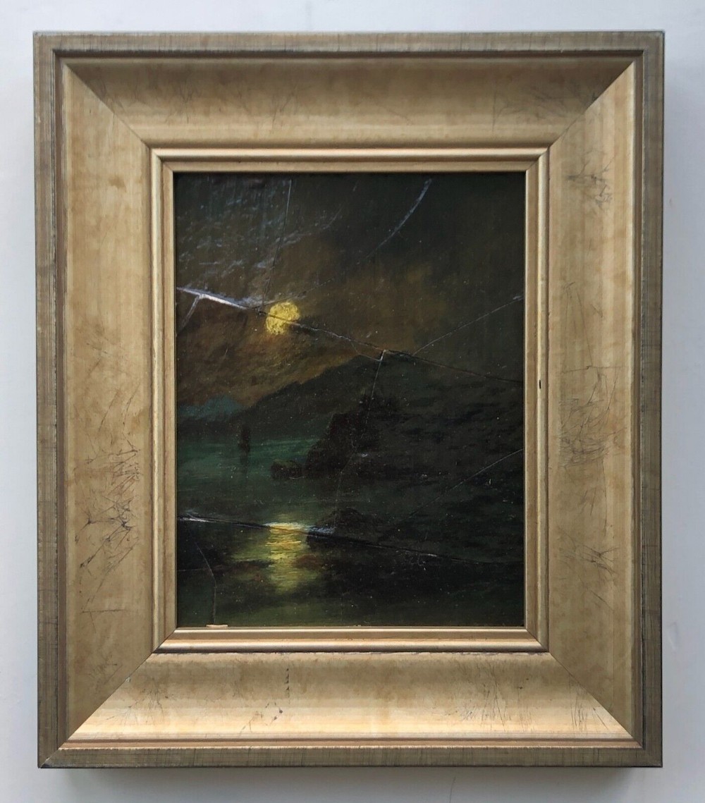 Original Antique Oil Painting on Panel Moonlight over Lake & Mountain Landscape